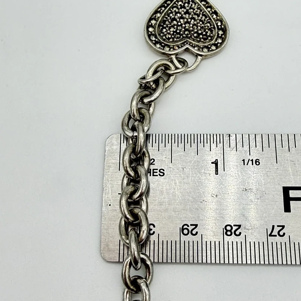 VTG‎ Sterling Silver Heart Charm Bracelet Marcasite Hallmarked Charm 26gr Sz6.5